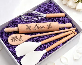 Regalo de agradecimiento / Espátula de silicona y rodillo de madera / Regalo de repostería personalizado / Regalo para panaderos / Regalo de inauguración de la casa