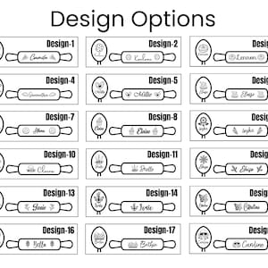 May include: A black and white graphic showing 18 rolling pin designs with names and decorative elements. The text "Design Options" is at the top. Each design includes a name like "Camila" or "Lennon".