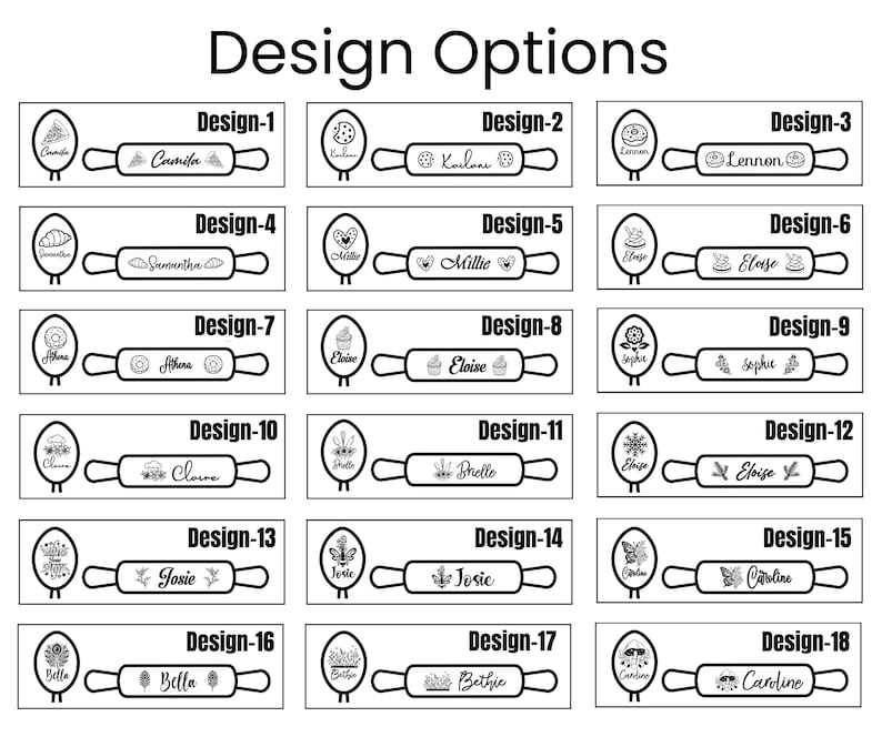 May include: A black and white graphic showing 18 rolling pin designs with names and decorative elements. The text "Design Options" is at the top. Each design includes a name like "Camila" or "Lennon".