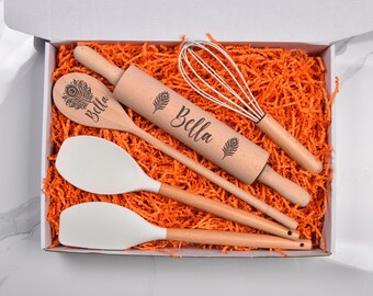 Rodillo grabado y cuchara de madera / Regalo de repostería personalizado / Regalo de cocina para ella / Perfecto para los amantes de la repostería / Juego de utensilios para hornear