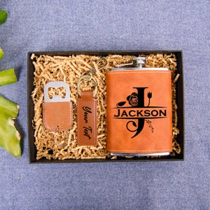 Groomsmen Proposal Gift Box | Unique Gifts for Men | Engrave Lether Flask and Opener | Gift for Grandpa | Wedding Day Gift | Gift for Mens