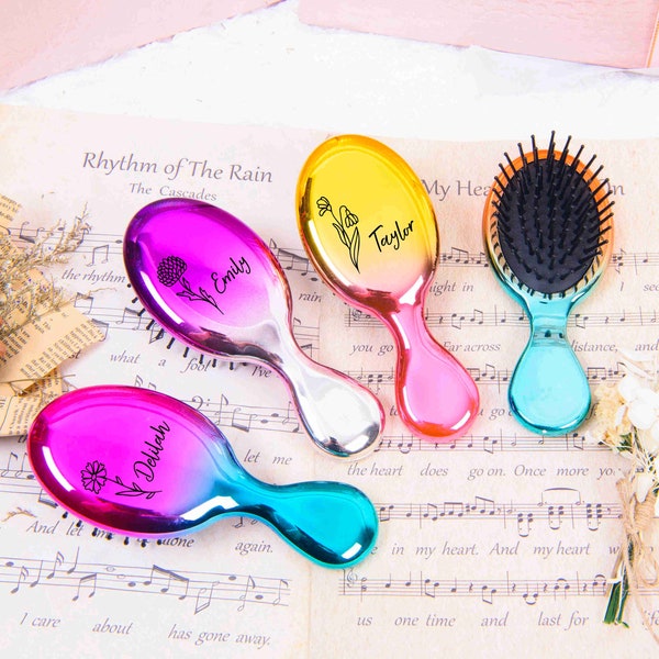Persoanlised Birth Flower Hair Brush, Hair Accessories, Mother's Day Gift, Annviersary Gift for Wife, Bridesmaid Proposal Gift, Gift for Her