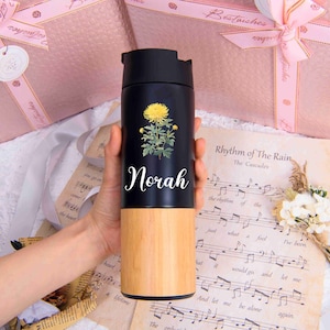 Personalised Birth Flower Travel Mug, Bamboo Coffee Tumbler, Wedding Gift, Bridesmaid Proposal, Birthday Gift, Mother&#39;s Day Gift