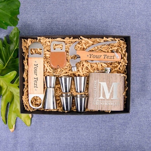 Personalized Groomsmen Gift Set | Wooden Engrave Flask and Wine Cups | Father of the Bride Gift | Boyfriend Gift | Gift for Husband