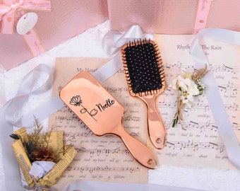 Spazzola per capelli personalizzata con fiore di nascita, oro rosa, regalo per damigella d'onore, proposta di matrimonio