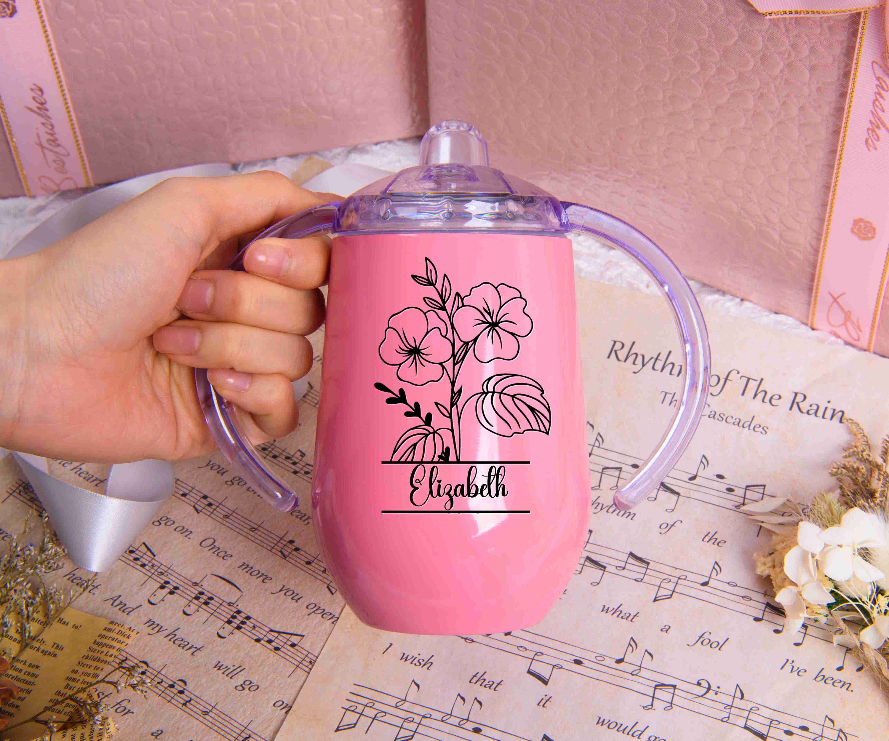 Personalised Sippy Cup, Baby Training Cup, Baby Shower Gift, Stainless Steel Cup, Birth Month Flower Cup, Birthday Gift, Gift for Toddler
