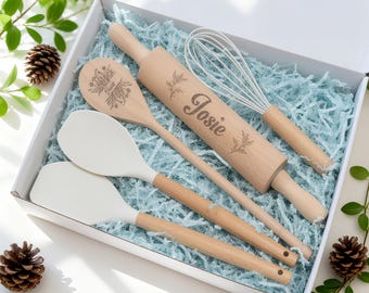 Personalized Wood Spoon & Rolling Pin, Home Kitchen, Baking Tools, Birthday Gift Set, Housewarming Gift, Engraved Gift, Mothers Day Gifts