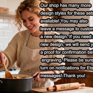 May include: A woman in a beige sweater and apron cooks in a kitchen, stirring food in a black pot. A wooden rolling pin with the name "Claire" and floral design rests on a wooden surface. Text on the image encourages customization.