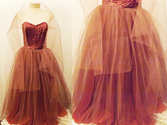 50s Dress | 50's Strapless Satin Sequin Evening Dr