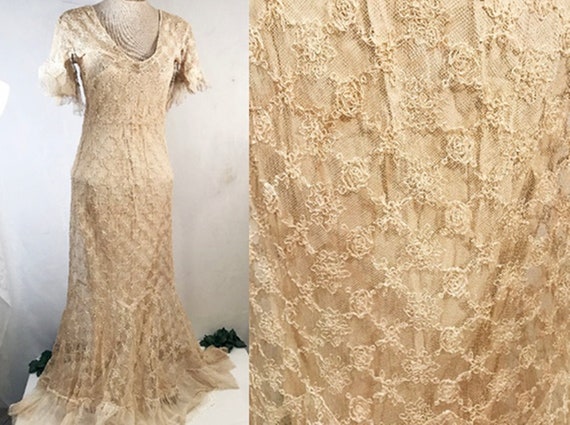 Antique 1920s Handmade Tulle Lace Evening Gown or