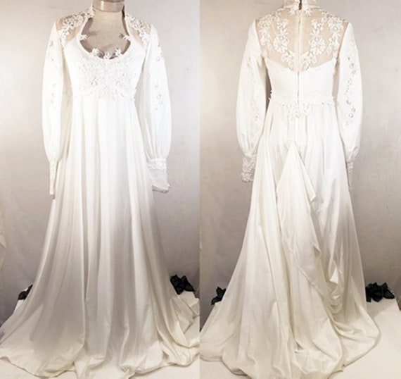 70's Empire Waist Beaded Lace Wedding Gown