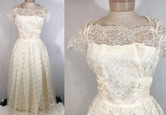 50's Ivory Lace Wedding Dress w Veil by Sylvia Ann