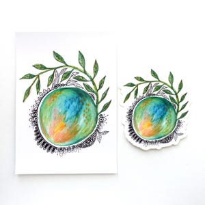 Art PRINT & STICKER-pakket, glanzende waterdichte mandalasticker van vinyl en A6-kunstprint, abstracte kunst, sticker voor waterfles