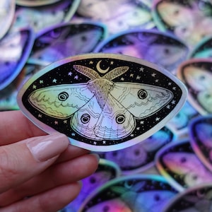 Holographic moth STICKER - moth drawing vinyl waterproof sticker - artist sticker