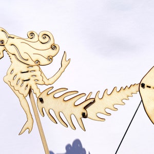 Marionetta ombra scheletro sirena, in legno tagliato al laser