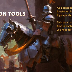 Pu&ograve; includere: Un cavaliere in armatura lucente cavalca un cavallo, con il testo "MY CHAMPION TOOLS" sopra di loro. Il testo sottostante recita "Come artista concettuale e illustratore, ho bisogno di pennelli efficienti, di alta qualit&agrave; e affidabili. Questo pacchetto &egrave; organizzato in modo che non si perda tempo a cercare il pennello di cui si ha bisogno per il lavoro."