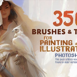Pu&ograve; includere: Un'illustrazione digitale di una donna con una tunica bianca con cappuccio che tiene un uccello bianco. Il testo "350+ Pennelli e Strumenti per Pittura e Illustrazione Photoshop CC" &egrave; visualizzato in testo arancione e marrone.