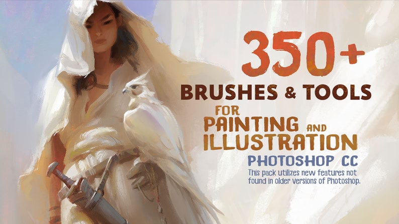 Pu&ograve; includere: Un'illustrazione digitale di una donna con una tunica bianca con cappuccio che tiene un uccello bianco. Il testo "350+ Pennelli e Strumenti per Pittura e Illustrazione Photoshop CC" &egrave; visualizzato in testo arancione e marrone.