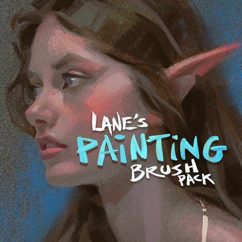 Pu&ograve; includere: Un dipinto digitale di una donna con orecchie a punta, con il testo "Lane's Painting Brush Pack" in blu e bianco.