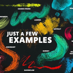 Pu&ograve; includere: Una collezione di 15 pennellate e texture digitali colorate, tra cui "Impasto", "Wardle", "Andromeda", "Wizard Fire", "Coarse Stroke", "Laguna", "Miscreant", "Ravenclaw", "Artifact", "Nemo", "Merlock", "Leafy Scatter", "Gurney", "Klimt Texture". Il testo "Just a Few Examples" &egrave; al centro dell'immagine.