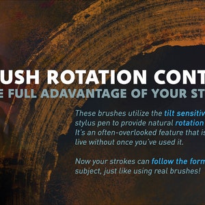 Pu&ograve; includere: Un'illustrazione digitale che mostra la figura nuda di una donna con un pennello e il testo "BRUSH ROTATION CONTROL TAKE FULL ADVANTAGE OF YOUR STYLUS". Il testo sotto spiega come utilizzare la sensibilit&agrave; all'inclinazione di uno stilo per fornire un controllo di rotazione naturale.