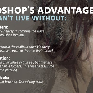 Pu&ograve; includere: Un'illustrazione grafica di un viso femminile con occhi azzurri, che evidenzia i vantaggi dell'utilizzo del software Photoshop. Il testo elenca funzionalit&agrave; come il sistema a doppio pennello, i pennelli miscelatori, l'organizzazione dei pennelli e gli strumenti di manipolazione.