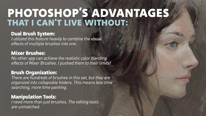 Pu&ograve; includere: Un'illustrazione grafica di un viso femminile con occhi azzurri, che evidenzia i vantaggi dell'utilizzo del software Photoshop. Il testo elenca funzionalit&agrave; come il sistema a doppio pennello, i pennelli miscelatori, l'organizzazione dei pennelli e gli strumenti di manipolazione.