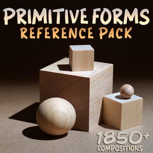 May include: A collection of wooden geometric shapes, including a sphere, a cube, and a rectangular prism. The image displays the text "PRIMITIVE FORMS REFERENCE PACK" and "1850+ COMPOSITIONS". The shapes are arranged on a neutral surface, with soft lighting.