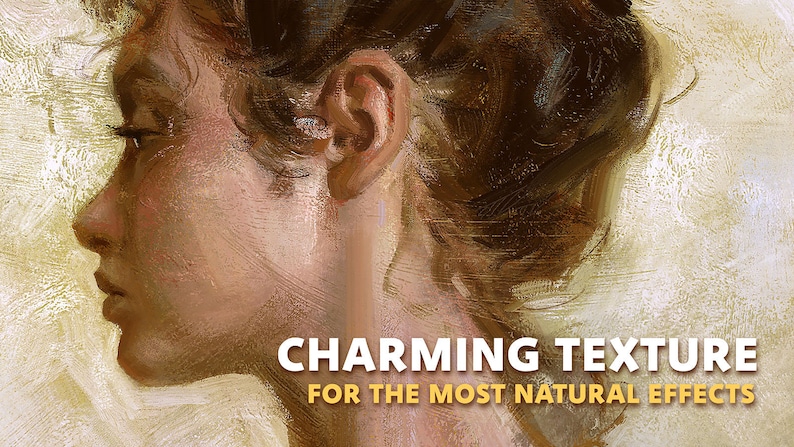 Pu&ograve; includere: Un primo piano del viso di una donna, dipinto in uno stile realistico con un effetto di texture a pennellate. Il testo "CHARMING TEXTURE FOR THE MOST NATURAL EFFECTS" &egrave; nella parte inferiore dell'immagine.