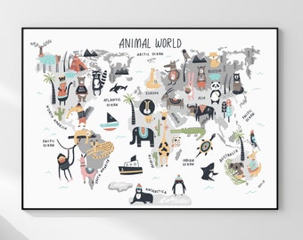 Animal World Map - Childrens Map - Animal Countries - Continents - Educational Map - Nursery print - Safari Map Kids wall art - Nursery map
