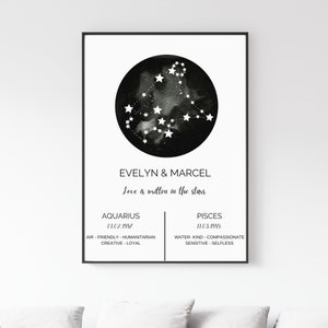 Spersonalizowany Horoskop Par, Sztuka Niebiańska, Spersonalizowane Gwiazdy Par, Spersonalizowany Wydruk Księżyca, Dekoracja Ścienna Zodiak, Plakat Znak Pary
