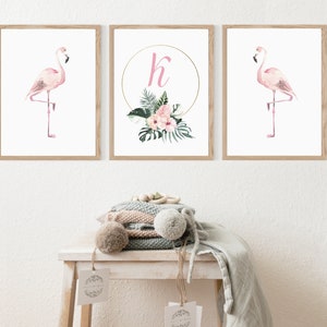 Set of 3 Flamingo Nursery Prints, Personalized Nursery Print, Girl Nursery Decor, Flamingo Home Decor, Nursery Decor Print, Baby Name Decor