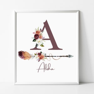 Flecha personalizada y impresión inicial floral, decoración de vivero, nuevo regalo de bebé, impresiones de vivero, estadísticas de nacimiento, arte de pared de vivero, impresión personalizada