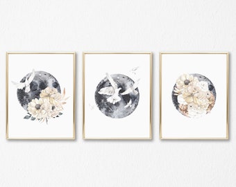 Set of 3 Lunar moon print, Floral Moon Print, Home Decor, Nursery Poster,  Moon Gift, Lunar Poster, Celestial Decor, Owl Moon Print, Zodiac