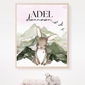 Wald Kinderzimmer Print - Baby Name Art Print - Mädchen Kinderzimmer Print - Custom Name Print - Mountain Kinderzimmer Dekor - Bunny Kinderzimmer Name Print