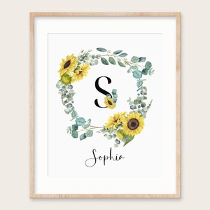 Personalised Sunflower Initial Print - Nursery Name Sign - New Baby Gift- Newborn Name Sign - Sunflower Nursery Prints - Custom Name Sign