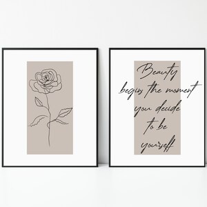Set of 2 prints - Flower Line Art - Quote print - Botanical Print - Floral Line Art - Printable - Floral Art Print - Wall Art Print