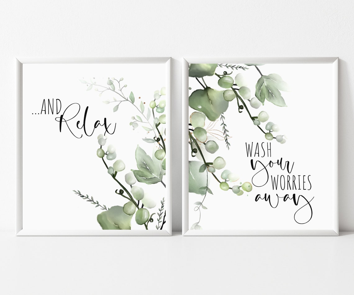 Set of 2 Greenery Bathroom Prints Bathroom Decor Tropical | Etsy