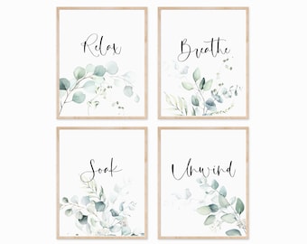 Set of 4 Greenery Bathroom Prints, Bathroom Decor, Tropical Bathroom Print, Wall Decor Print, Bathroom Poster, Bathroom Wall Picture, Plant