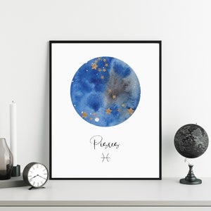 Stampa zodiacale Pesci: decorazione astrologica minimalista con segno zodiacale (download digitale)