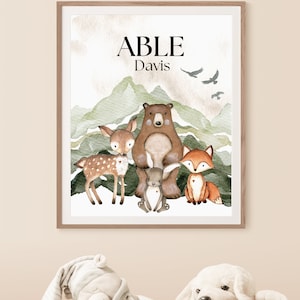Woodland Nursery Print - Baby Name Art Print - Boy Nursery Print - Custom Name Print - Mountain Nursery Decor - Personalized Nursery Print