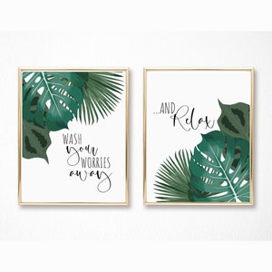 Láminas de baño con vegetación: Decoración de pared con hojas tropicales (juego de 2) (Descarga digital)