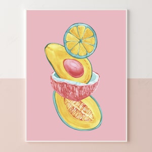 Pink Yellow Turquoise Green Fruts Printable Wall Art - Avocado Print - Abstract Fruit Kitchen Print - Fruit Illustration - Kitchen Poster