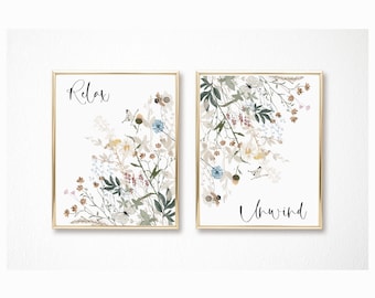 Set of 2 Relax and Unwind Wildflower Wall Art Printable – Floral Botanical Prints, Boho Bathroom Decor, Pastel Digital Download, Quote Art,