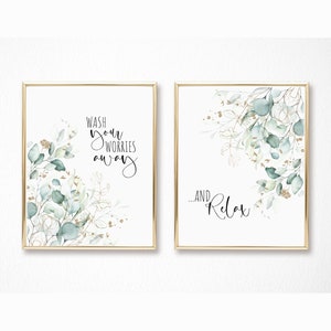 Greenery Bathroom Prints Set: Gold Botanical Wall Art (Digital Download)