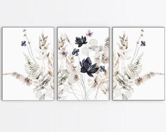May include: A set of three watercolor prints featuring a floral arrangement with black and purple flowers, brown and green leaves, and a white background.