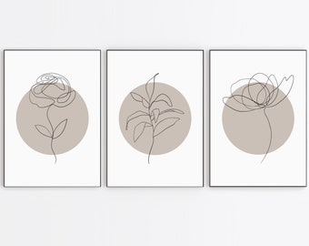 Minimalist Flower Line Art Prints: Set of 3 Botanical Wall Art (Digital Download)