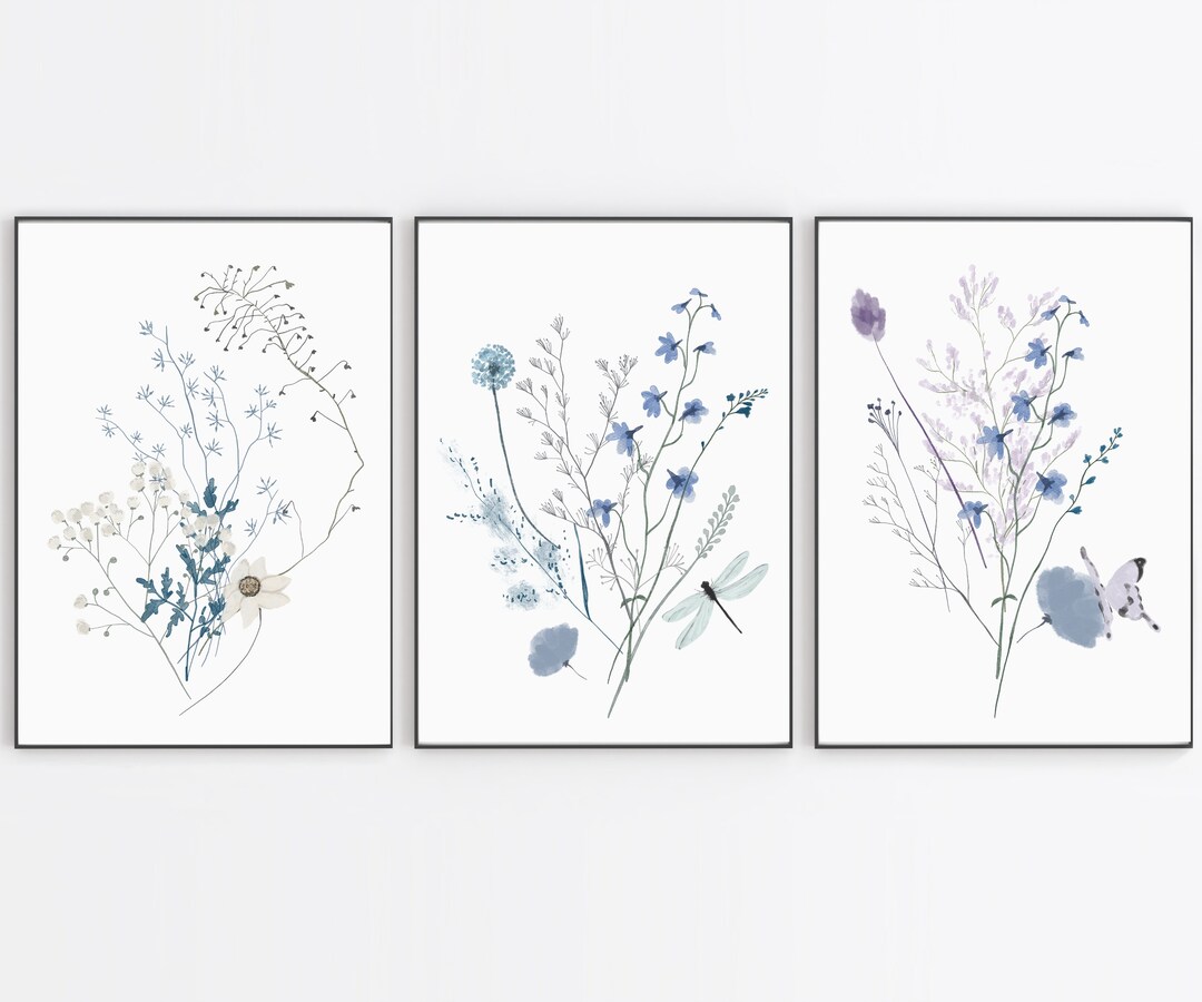 Wildflower Line Art Prints: Set of 3 Botanical Wall Decor (digital ...