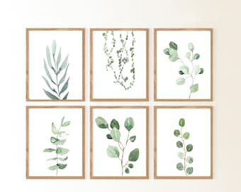 Set van 6 prints, kunst aan de muur decor, groen, aquarel, decor van de boerderij, decor van het huis, botanisch, plant print, eucalyptus print, afdrukbare muur decor