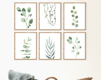 Set van 6 prints, kunst aan de muur decor, groen, aquarel, decor van de boerderij, decor van het huis, botanisch, plant print, eucalyptus print, afdrukbare muur decor